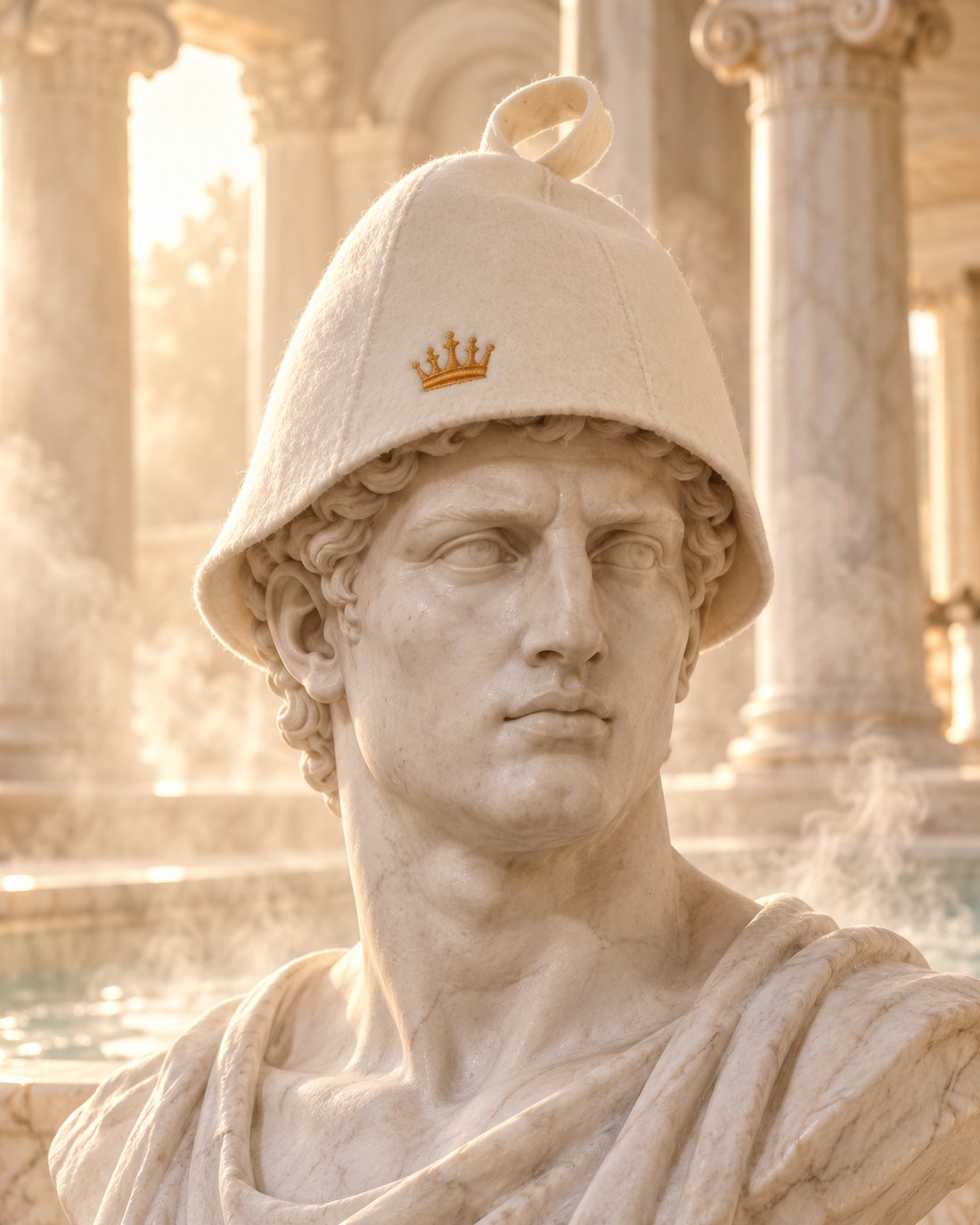 Marble Roman bust wearing a cream Sauna Crowns felt cap with a gold crown emblem